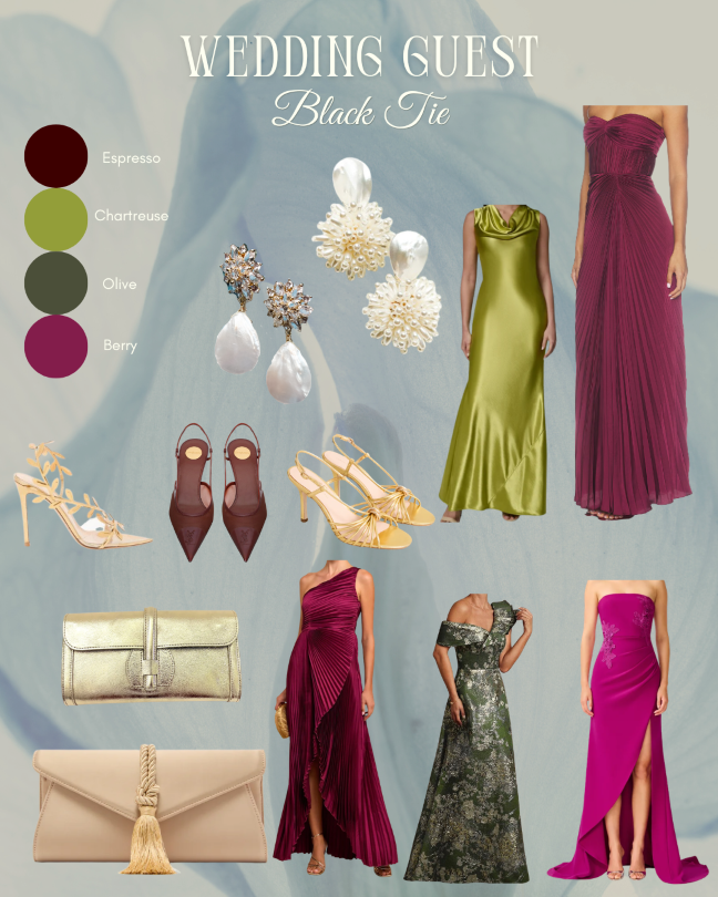 Black tie fall wedding fashion with formal gowns and accessories