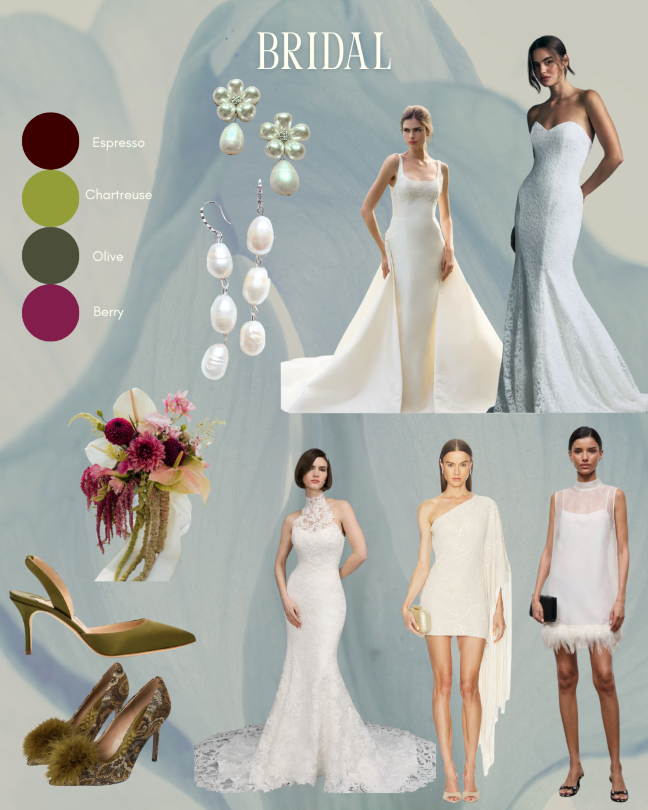 Fall bridal fashion with wedding gowns, bridal dresses, shoes and pearl jewelry