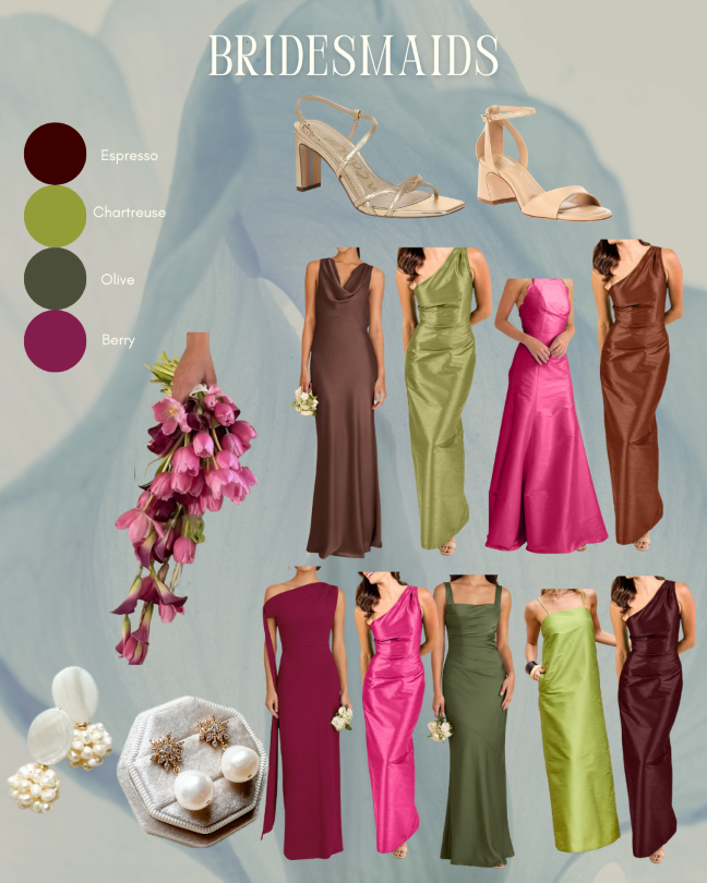 Fall bridesmaid dresses in berry, olive, chartreuse and espresso tones