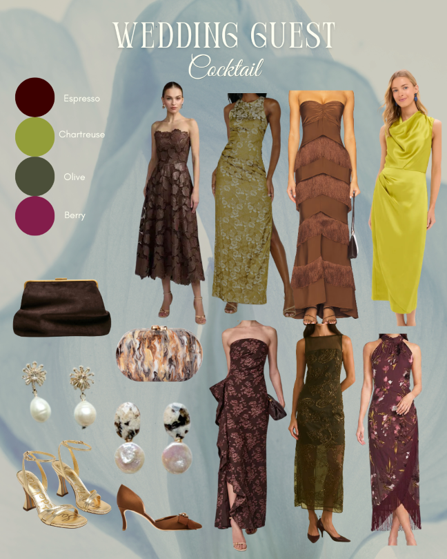 Fall cocktail wedding guest dresses, shoes, jewelry and accessories