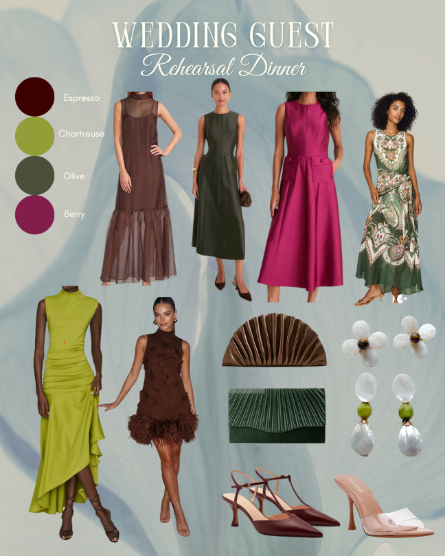 Fall rehearsal dinner guest dresses and accessories